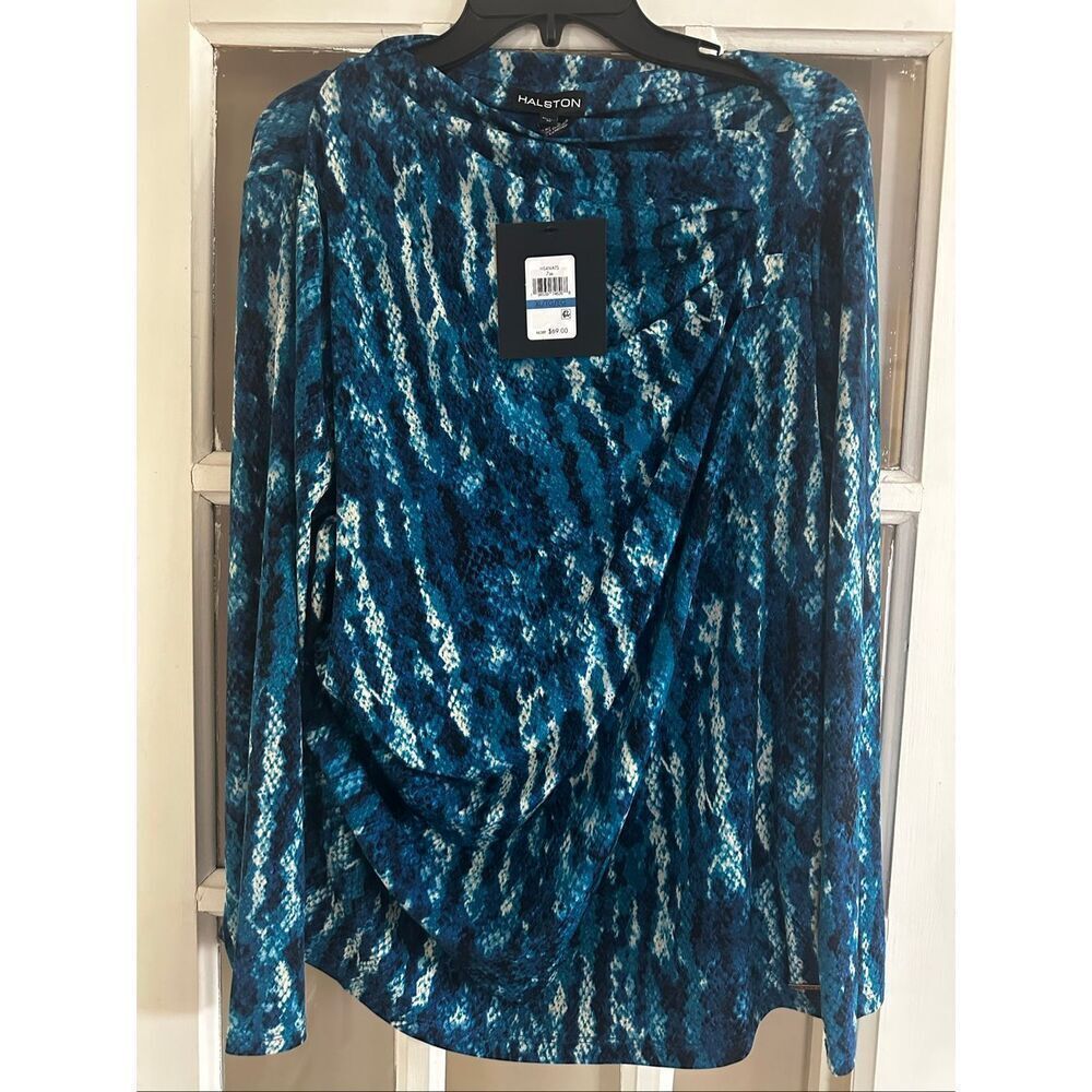 Halston Women's Printed Crossover-Draped Top teal snakeskin print XL long sleeve